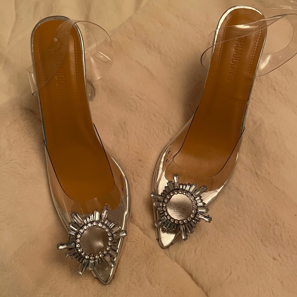 Clear rhinestone plastic heels size 9